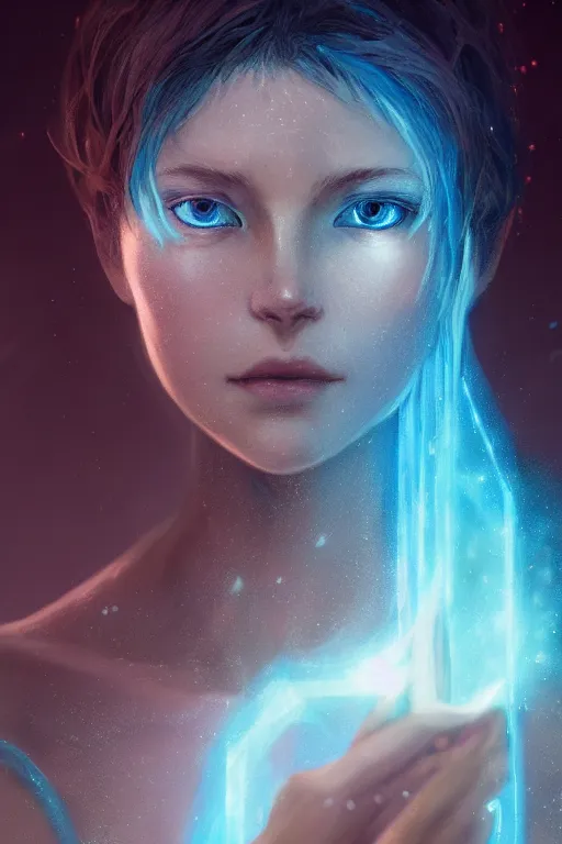 Image similar to a fancy close up portrait of a beautiful light mage in lightblue aura by Greg Rutkowski, Sung Choi, Mitchell Mohrhauser, Maciej Kuciara, Johnson Ting, Maxim Verehin, Peter Konig, final fantasy , mythical, 8k photorealistic, cinematic lighting, HD, high details, atmospheric,