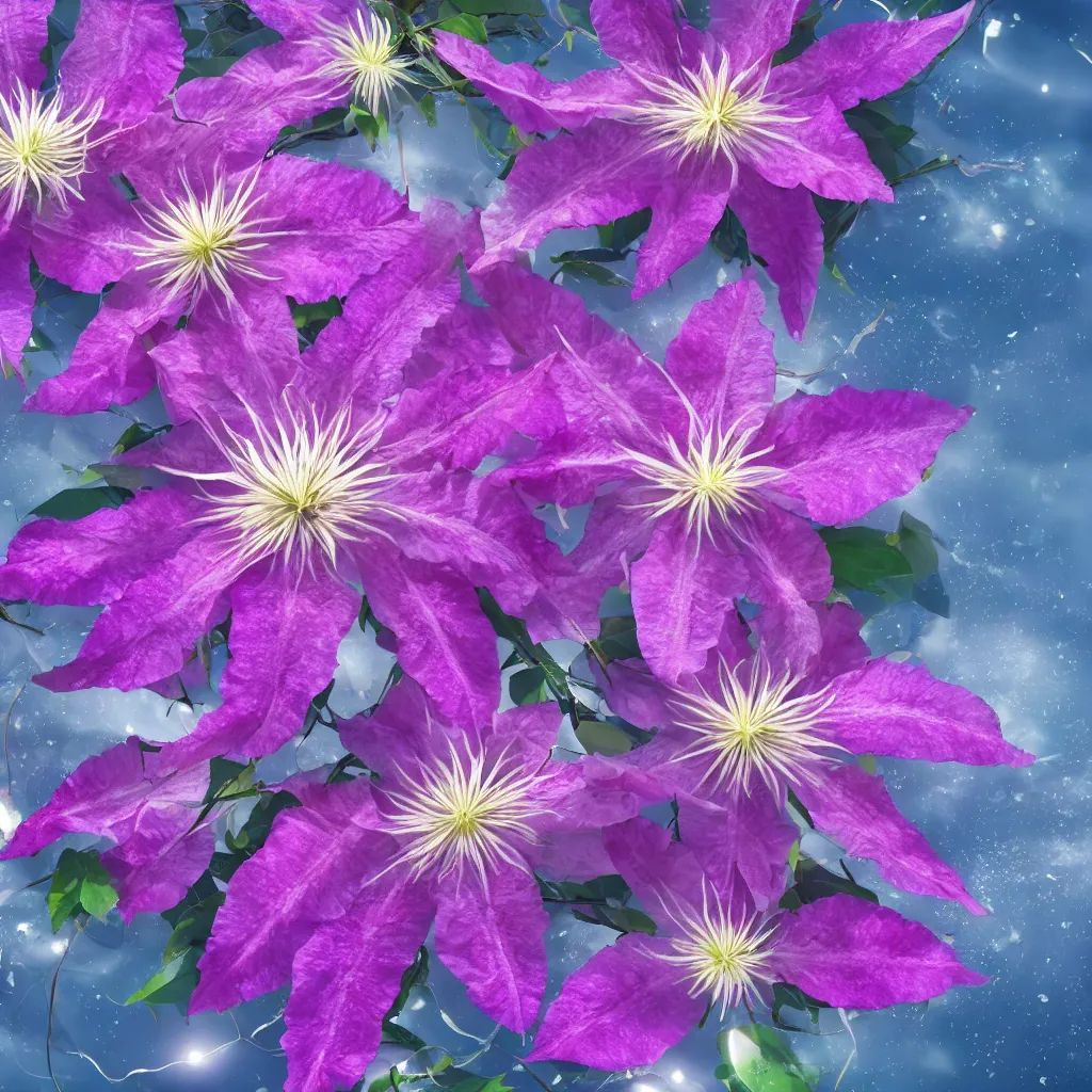 Prompt: clematis theme logo, clematis theme banner, clematis design, clematis in the deep sea, clematis like stars in the sky, trending on artstation, warm light, lovely and cute, fantasy art, 8 k resolution