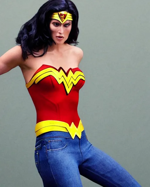 Prompt: a Chimpanzee, dressed as Wonder Woman, is wearing tight fit blue Jean pants, photographed in the style of Mario Testino, Standing in front of photorealistic