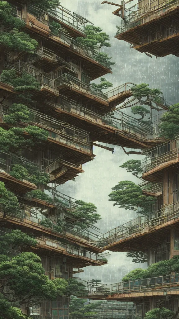 Prompt: photo in style of hokusai and piranesi. biopunk solarpunk timber futuristic building in a urban setting. ultrarealistic. rainy. mossy buildings have deep tall balconies with plants, trees, and many people. thin random columns, large windows, deep overhangs. greeble. 8 k, volumetric lighting.