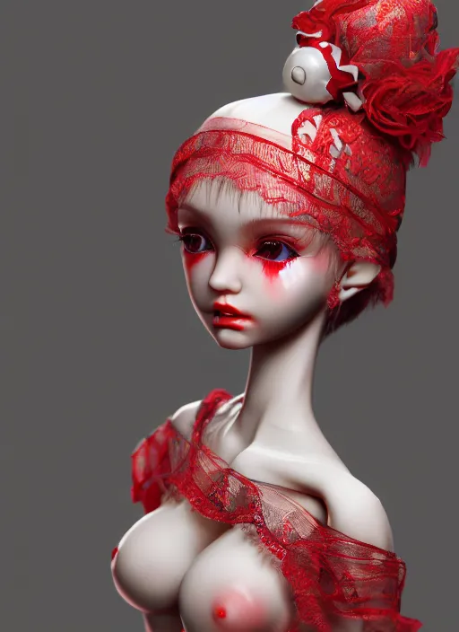 Prompt: bjd doll with a lot of money, fluent composition, red and white neon, concept art, ambient light, 4 k, intricate details, highly professionally detailed, cgsociety, highly detailed -