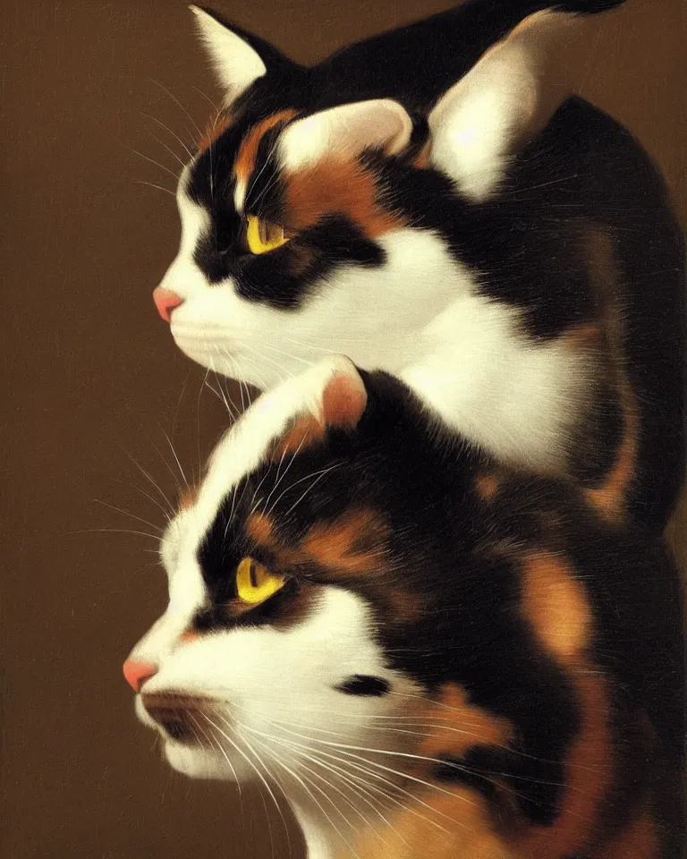 Image similar to close up portrait of a calico cat by vermeer. black background, three - point lighting, enchanting.