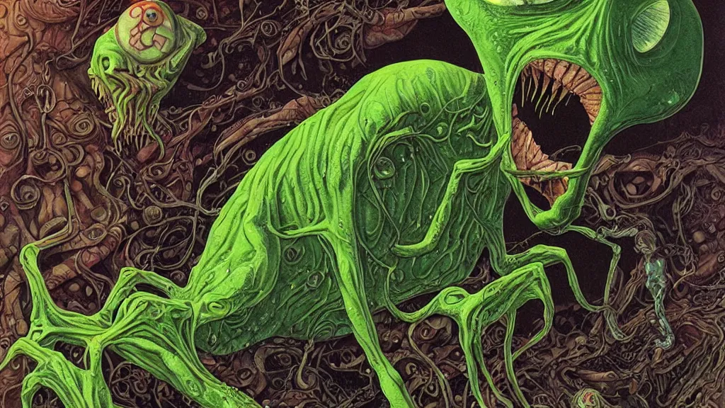 Prompt: a slimy scary alien, by asaf hanuka, by karol bak, by tony diterlizzi, colored pencil, fine art, puking a scary creature out of his mouth, green slime dripping, dark fantasy