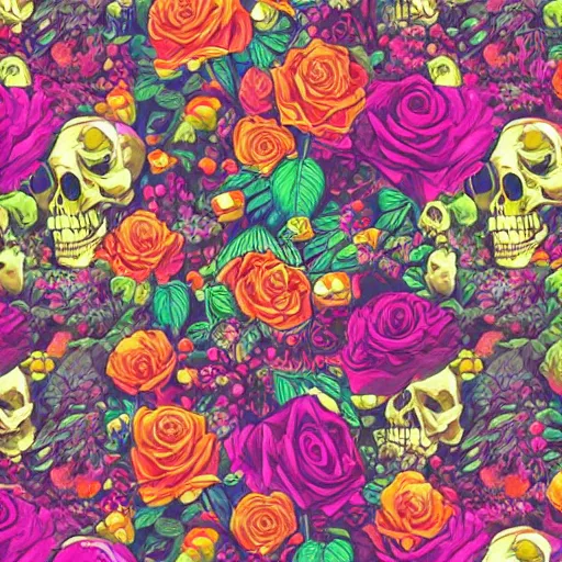 Prompt: ortographic view of large skulls and vivid roses by Jen Bartel and Dan Mumford and Satoshi Kon, gouache illustration, pastel colors-C 10