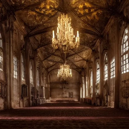 Image similar to large gothic hall with large chandeliers under the ceiling, horror movie, moonlight