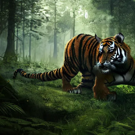 Image similar to a dragon and a tiger hybrid in the forest, dynamic lighting, photorealistic concept art, stunning visuals, creative, cinematic, ultra detailed, best detail