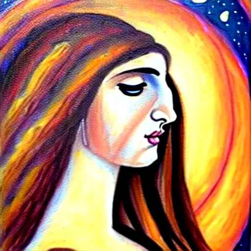 Image similar to beautiful ancient greek girl dreaming of galaxies, painting