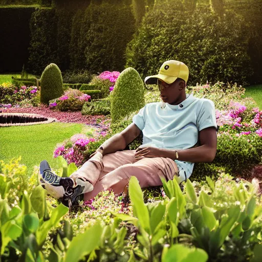 Image similar to A photo of Tyler the Creator sitting in the middle of a garden, 8K concept art, dreamy, garden, bushes, flowers, golden hour, vintage camera, detailed, UHD realistic faces, award winning photography, cinematic lighting