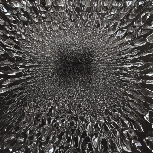 Prompt: sculpture of a crystal waterfall by ruth asawa, black backdrop, professional studio photography