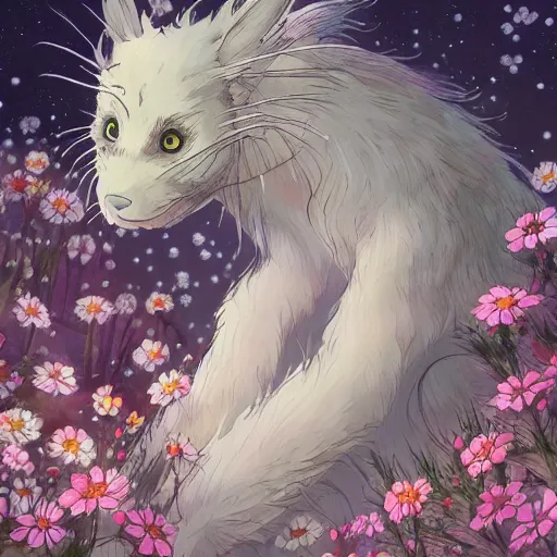 Prompt: detailed spirit creature with eyes in the flowers at night made by studio ghibli, beautiful scene, detailed, high quality, high details, smooth, ghibli artstyle, 8 k,