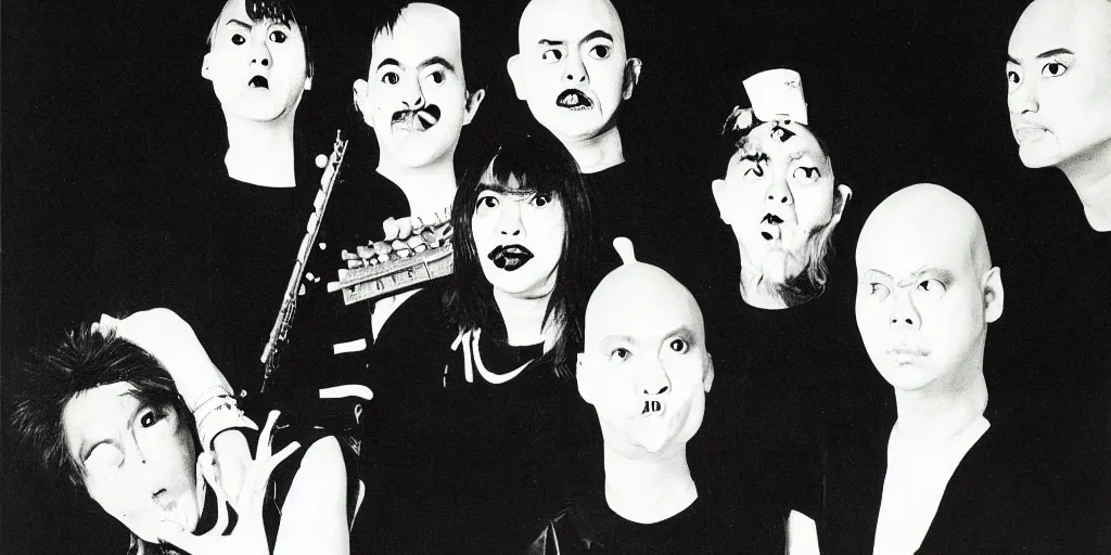 Image similar to coneheads jpop band, 1980s surrealism aesthetic, detailed facial expressions