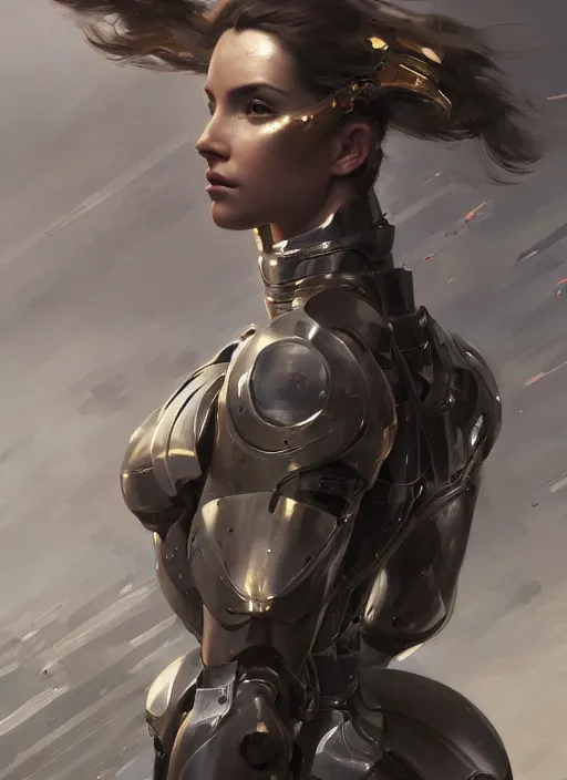 Image similar to a professional painting of a beautiful young female, clothed in robotic armor, olive skin, long dark hair, beautiful bone structure, symmetrical facial features, intricate, elegant, digital painting, concept art, smooth, sharp focus, illustration, from Metal Gear, by Ruan Jia and Mandy Jurgens and Artgerm and William-Adolphe Bouguerea