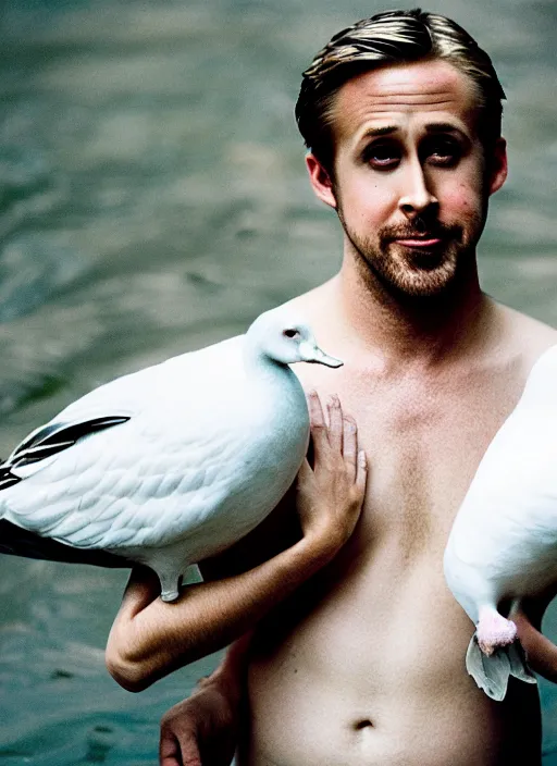 Prompt: ryan gosling fused with a white goose, bird with arms, natural light, bloom, detailed face, magazine, press, photo, steve mccurry, david lazar, canon, nikon, focus