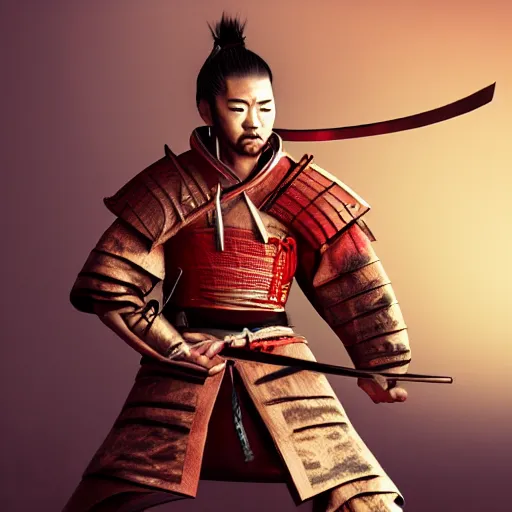 Image similar to fantasy style samurai, in a photorealistic style, doing a sparing pose, dynamic lighting, 8k, art station, devian art