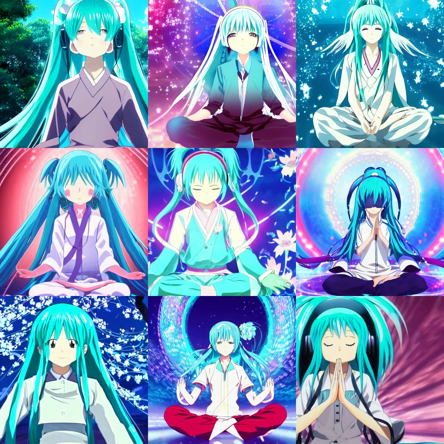 Prompt: A beautiful anime key visual of Hatsune Miku meditating.