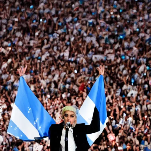 Image similar to Lady Gaga as president, Argentina presidential rally, Argentine flags behind, bokeh, giving a speech, detailed face, Argentina