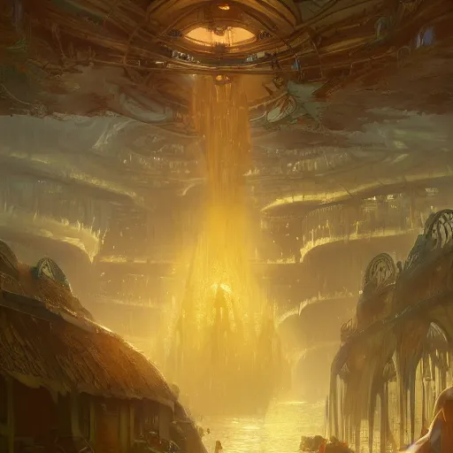 Prompt: a beautiful stunning interesting fantasy digital matte illustration by Grzegorz greg rutkowski and Marc Simonetti and James Jean, of an Atlantis atlantian market with mermaids underwater, yellow and gold color palette, trending on artstation hq