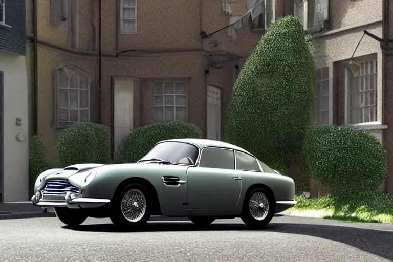 Prompt: a wholesome animation key shot of one focused short shrunk aston martin db 5, on a rich residential london street, waist height, medium range, studio ghibli, ( pixar ) and disney animation, sharp, very detailed, unreal engine 5 render, bloom, high resolution, anime key art by greg rutkowski