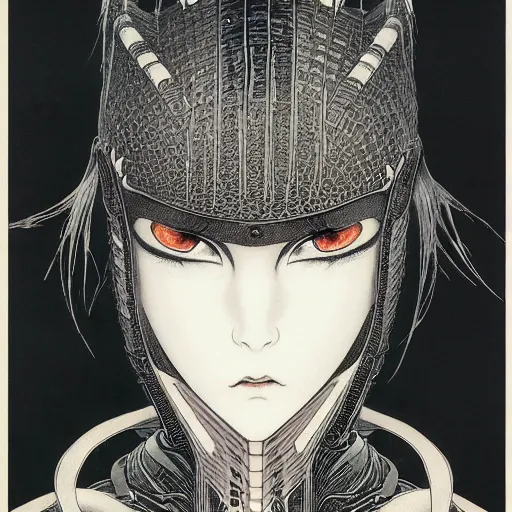 Image similar to prompt : black and white portrait soft light painted by takato yamamoto, enhanced armor, inspired by ghost in shell anime, smooth face feature, intricate oil painting, high detail, sharp high detail, manga and anime 1 9 8 0