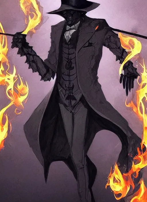 Image similar to DND character concept, skeletal male figure, wearing a deep black suit!!! and tie and top hat, holding a gold! cane!. Surrounded by light blue!!! flames!!