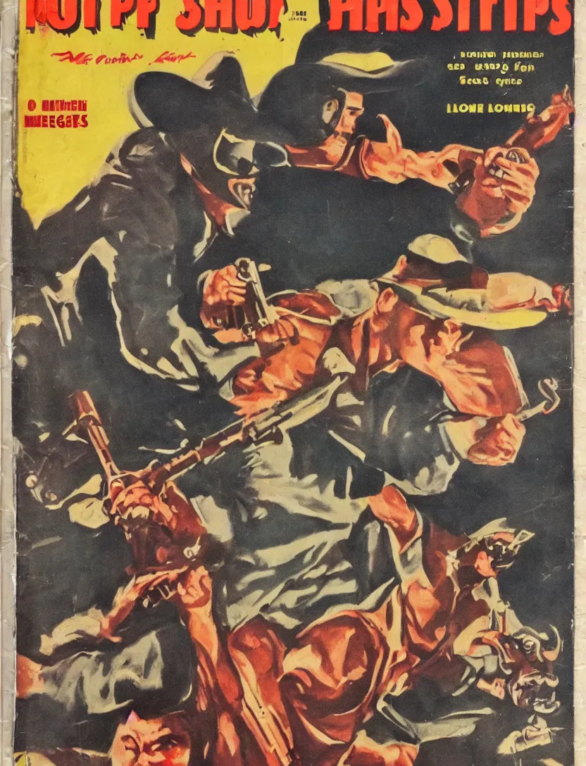 Image similar to 1950s pulp magazine featuring Hot Shots Megee a gunslinger cowboy who wears a Lone Ranger mask, detailed