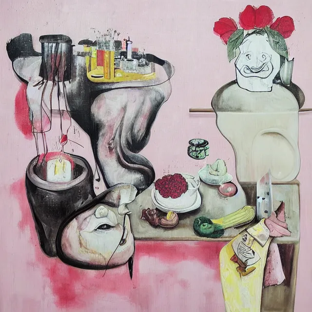 Prompt: “ a portrait in a female art student ’ s apartment, sensual, a pig theme, bathing, pork, art supplies, surgical iv bag, octopus, ikebana, herbs, a candle dripping white wax, japanese pottery, squashed berries, berry juice drips, acrylic and spray paint and oilstick on canvas, surrealism, neoexpressionism ”