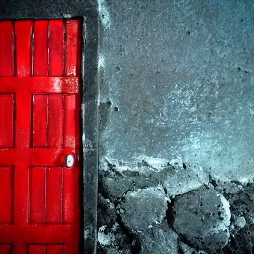 Prompt: a red door at the bottom of the ocean, ominous, deep, ethereal, dark, bubbles, marine life