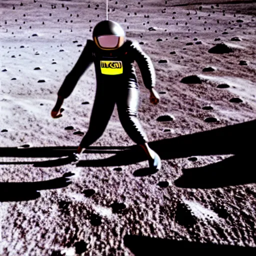 Prompt: usain bolt racing on the moon, lunar lander in background, kodachrome film