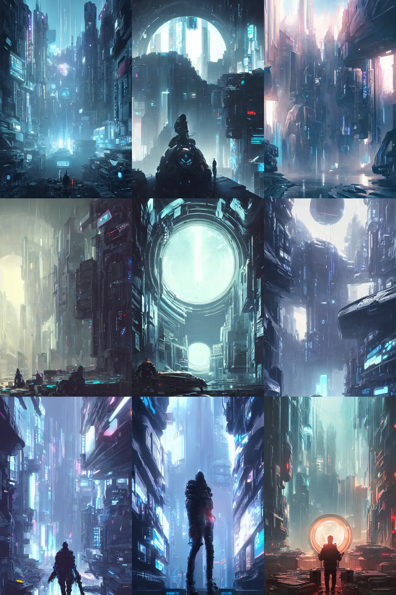 Prompt: cyberpunk, a round portal to another world in the center, white thick smoke, cyborg, epic scenery, dramatic white and blue lighting, detailed illustration, digital art, overdetailed art, concept art, detailed illustration, hd, 4k, digital art, highly saturated colors, Greg Rutkowski, trending on artstation