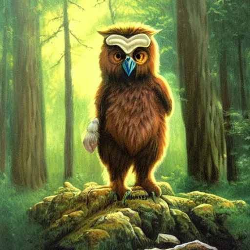 Image similar to three quarter portrait of an owlbear in the forest, d & d, fantasy, boris vallejo,