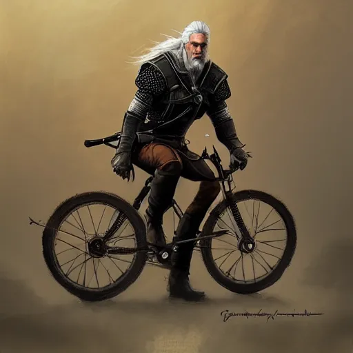 Prompt: geralt riding a bike, digital art, oil painting, trending on artstation