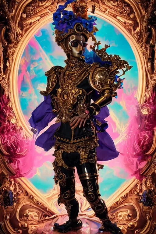 Image similar to full-body rococo and cyberpunk style sculpture of a young handsome Spanish prince half android with a chest exposing a glowing orange gem, glowing pink laser eyes, crown of blue gears and giant diamonds, swirling salmon-colored silk fabric, robotic raptors dinosaurs. baroque elements. full-length view. intricate artwork by caravaggio. Trending on artstation, octane render, cinematic lighting from the right, hyper realism, octane render, 8k, depth of field, 3D
