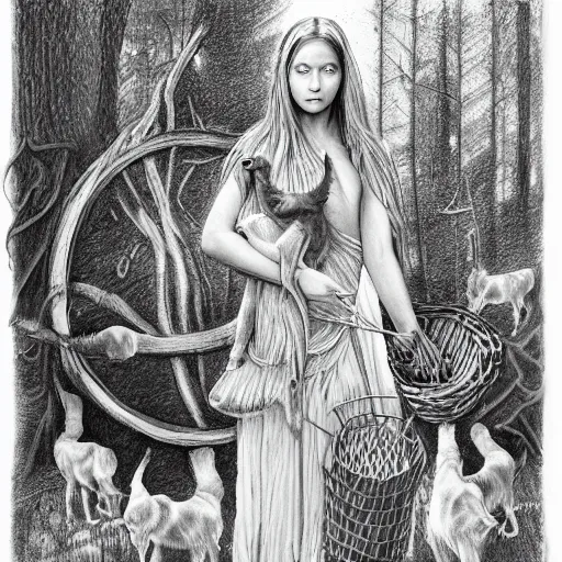 Image similar to pencil drawing, cenozoic by alejandro burdisio rich. a experimental art of a vasilisa standing in the forest, surrounded by animals. she is holding a basket of flowers in one hand & a spindle in the other. gentle expression. in the background, the forest is dark & mysterious.