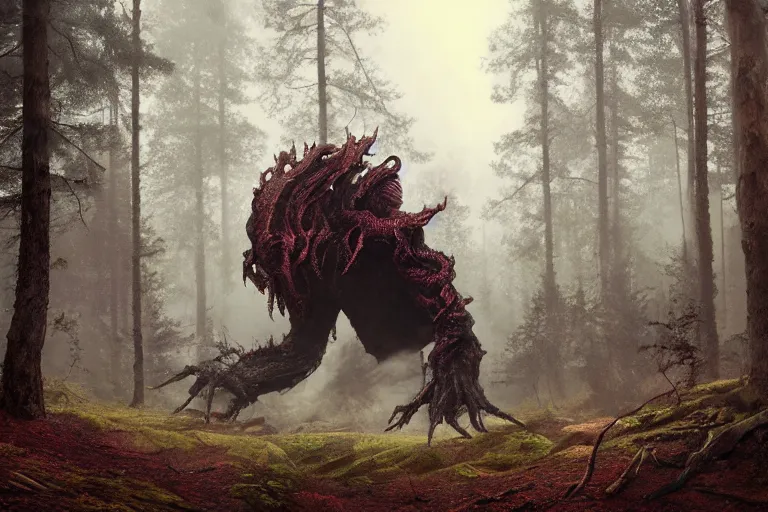 Image similar to dark eldritch monster in a swedish forest, very low angle photograph, very detailed, trending on artstation, realistic, soft colors, simon stålenhag, lovecraft, horror