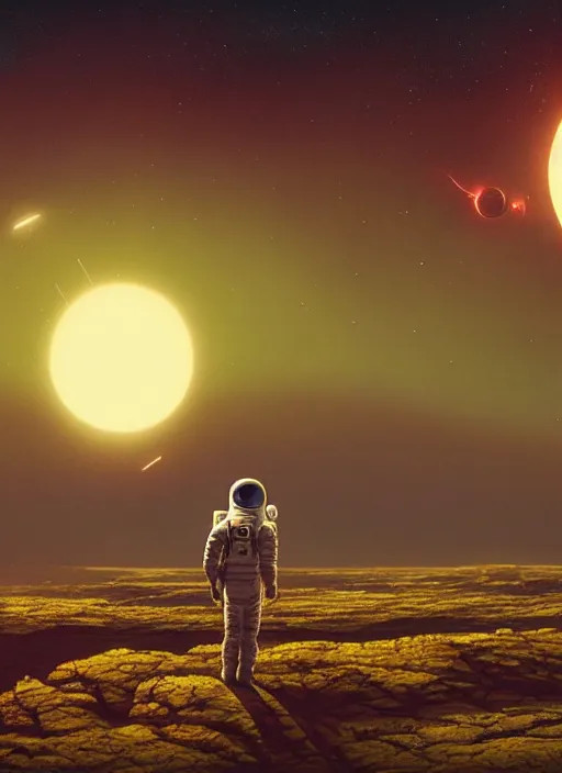 Image similar to a lonely astronaut overlooking at an amazing alien landscape and the universe, digital art, breathtaking, golden ratio, extremely detailed, establishing shot, hyperrealistic, cinematic lighting, particles, unreal engine, simon stålenhag, rendered by Beeple, Makoto Shinkai, syd meade, simon stålenhag, Ruan Jia, Kentaro Miura, environment concept, artstation, octane render, 4K UHD image