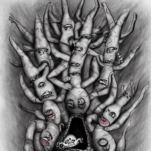 Prompt: surrealism grunge cartoon sketch of a human centipede with a wide smile holding flowers by - michael karcz, loony toons style, horror theme, detailed, elegant, intricate