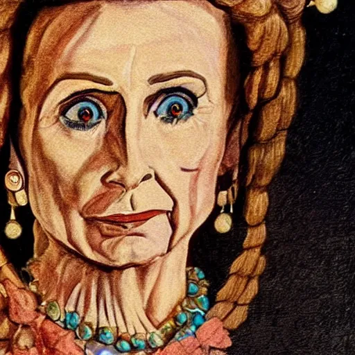 Image similar to nancy pelosi standing in front of 1 6 th century backdrop replacing vigo the carpathian, scourge of moldavia. she ominously stares. painting by lou police for ghostbusters 2.