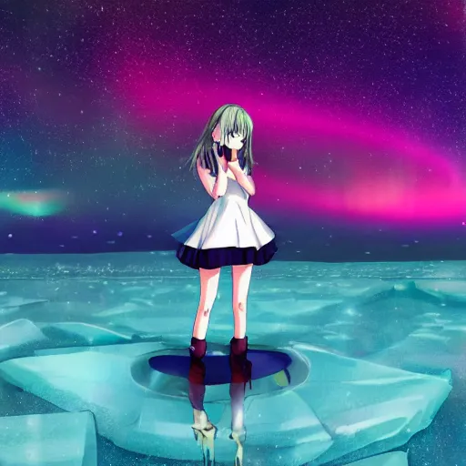 Image similar to anime girl standing on the aurora borealis that is trapped in the ice within the artic, starry sky