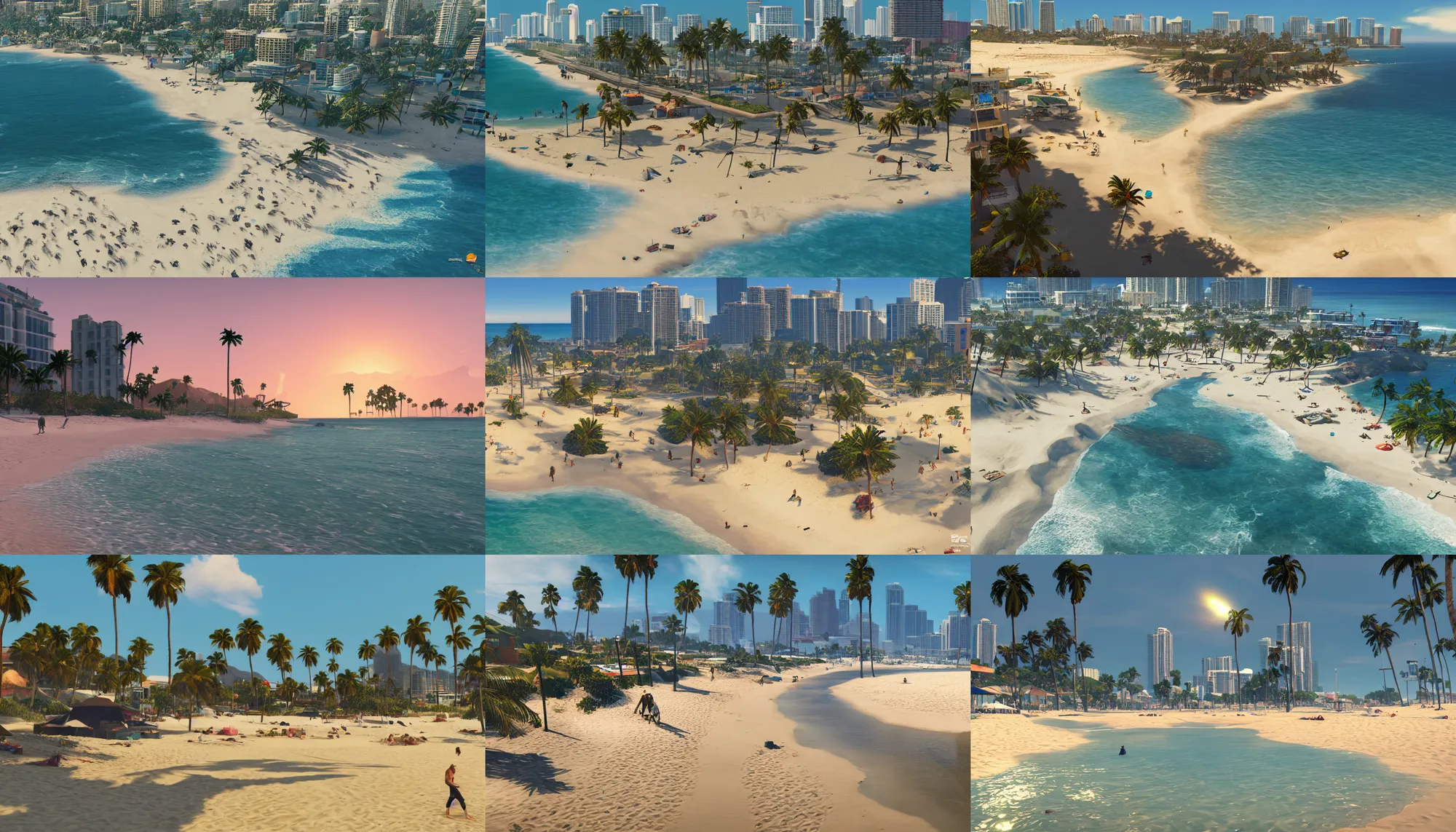 Prompt: the beach in gtav in miami, intricate, extremely detailed, concept art, artstation, artgerm, cinematic lighting, 4 k, unreal engine