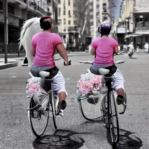 Image similar to two unicorns riding bikes in city streets, photoreal