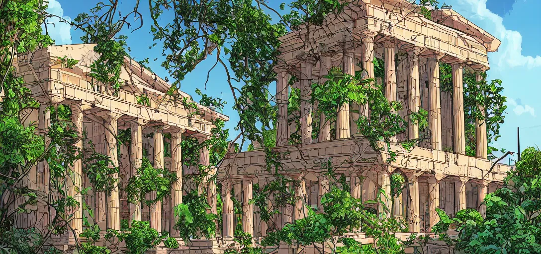 Prompt: Greek temple with hanging gardens in the graphic style of Patrick Gleason and Matt James, detailed art, trending on Artstation, sharp focus, Beautiful comic art