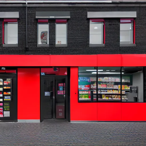 Image similar to Shopfront of a convenience store in black and red colours, award winning architectural design, best of retail