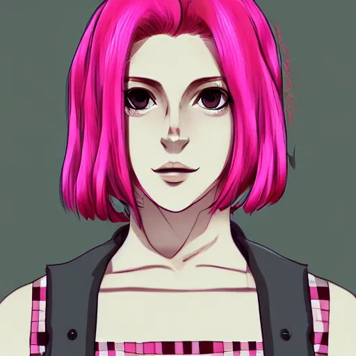 Image similar to full headshot portrait of anime Lana del ray punk, digital art, short pink hair, drawn by WLOP, by Avetetsuya Studios, anime manga panel, trending on artstation, wearing a plaid shirt