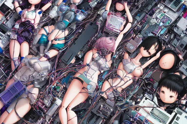 Image similar to cyberpunk anime illustration of a group of female android dolls lying in various poses over an spacious, empty white floor background with their bodies open showing wires and cables coming out, by katsuhiro otomo and masamune shirow, hyper-detailed, colorful, beautiful, bird view