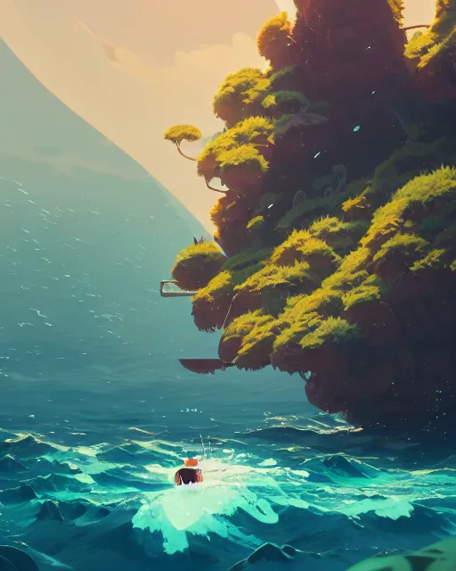 Image similar to a rock needle shooting out of the deep blue ocean, lush vegetation, glowing light, cory loftis, james gilleard, atey ghailan, makoto shinkai, goro fujita, studio ghibli, rim light, exquisite lighting, clear focus, very coherent, plain background, soft painting