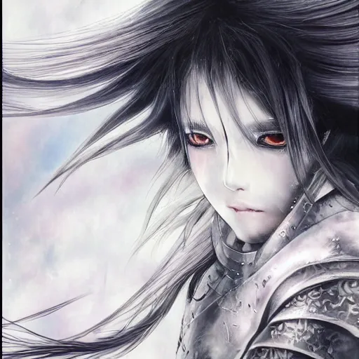 Image similar to yoshitaka amano blurred and dreamy realistic illustration of an anime girl with wavy white hair fluttering in the wind and cracks on her face wearing elden ring armour with the cape, abstract black and white patterns on the background, noisy film grain effect, highly detailed, renaissance oil painting, weird portrait angle