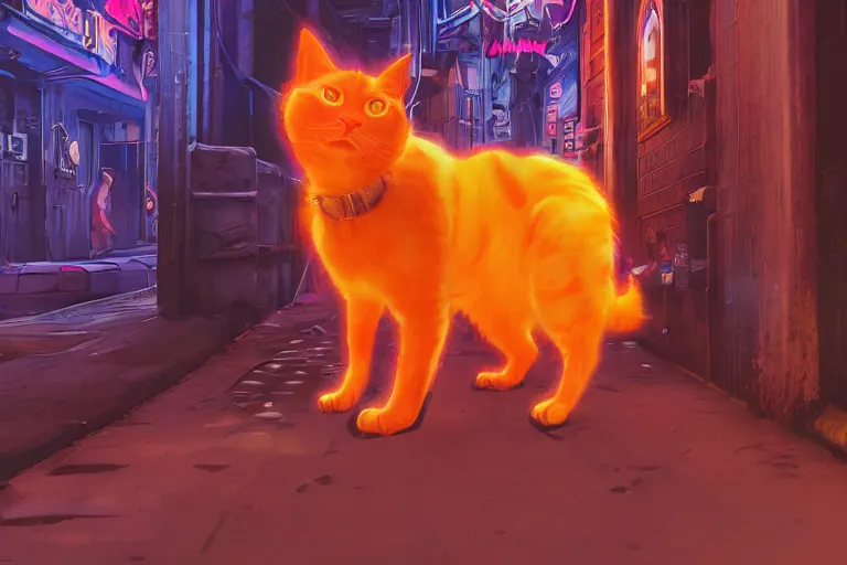 Image similar to cyberpunk ginger cat in the alley, neon lighting, rendered in unreal engine, trending on artstation