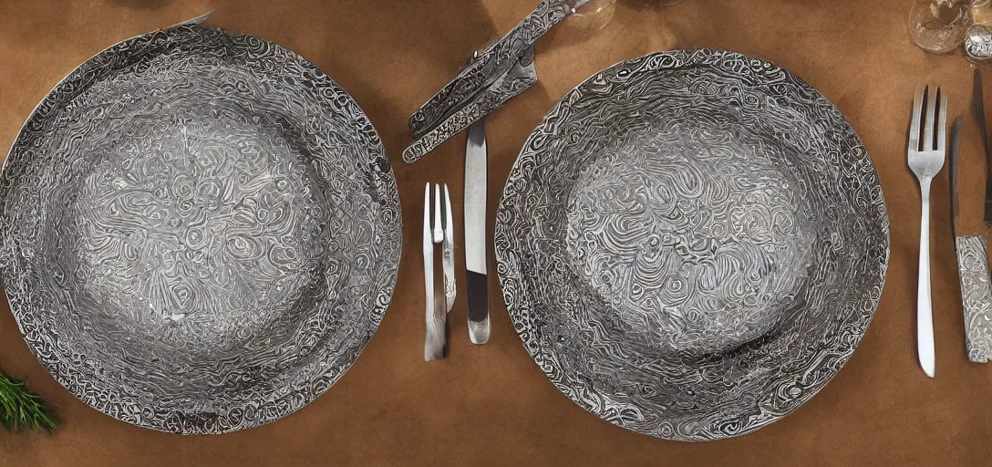 Image similar to plate made of finley detailed damascus steel, jeweled table cloth, silver knives and forks, candlelight, fireplace wide angle photograph