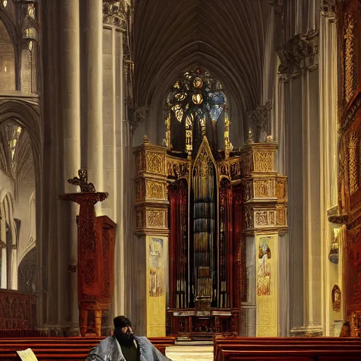 Image similar to highly detailed painting of a man sitting infront of a pipe organ inside of a cathedral, 4 k resolution, by jaquis luis david, visible paint layers, renaissance.