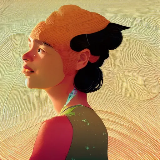 Prompt: Adorably cute portrait women with tan skin and black hair, artstation winner by Victo Ngai, Kilian Eng and by Jake Parker, swirly vibrant color lines, winning-award masterpiece, fantastically gaudy, aesthetic octane render, 8K HD Resolution